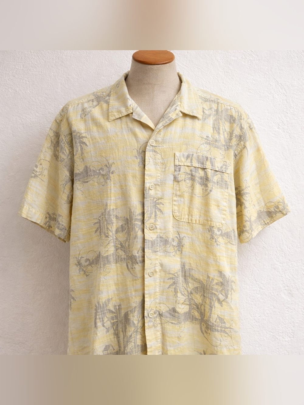 Vintage Columbia Hawaiian Shirt Yellow Palm Print Cotton Men's L